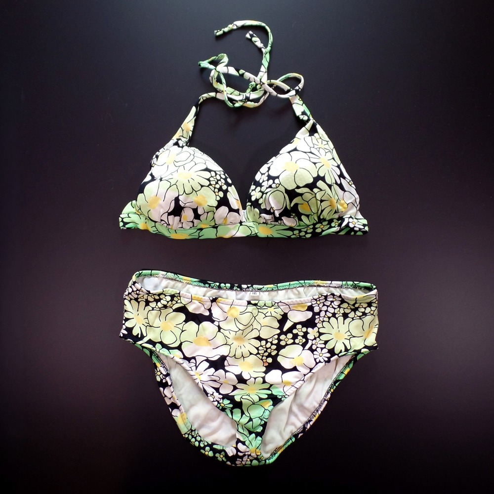 Vintage JCPenney Bikini, Size 16, Green Floral Halter High Waist 70s Swimsuit
